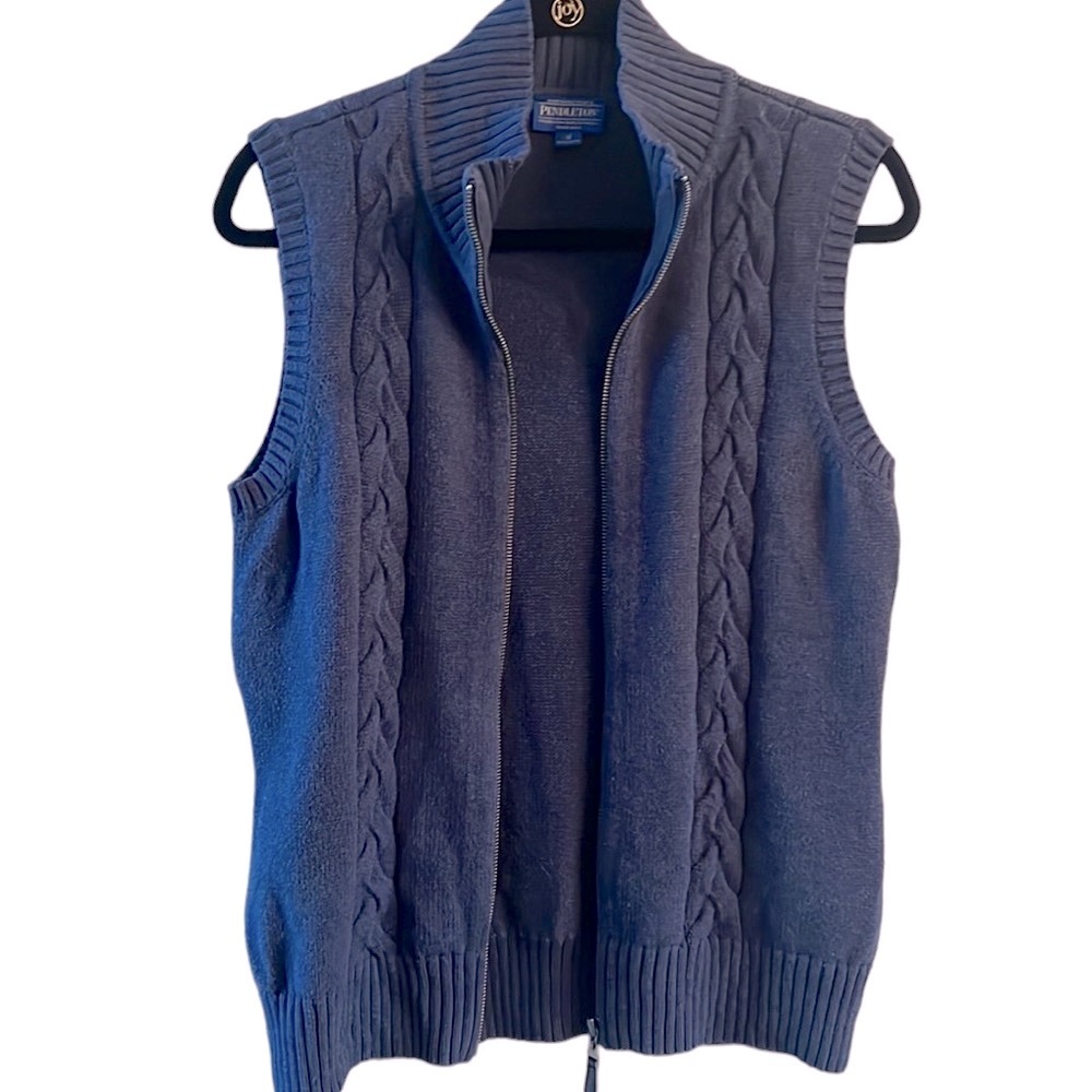 Pendleton Women Blue Cable Knit Full Zip Cotton Sweater Vest Medium